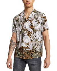 River Island Leopard Leaf Short Sleeve Button Up Camp Shirt