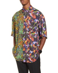 Topman Oversize Half Half Neon Print Short Sleeve Button Up Shirt