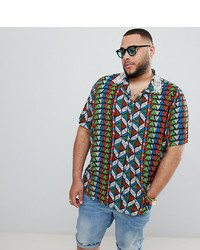 ASOS DESIGN Plus Regular Fit Aztec Printed Overhead Shirt With Beaded Collar