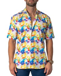 Maceoo Regular Fit Galileo Paint Splatter Short Sleeve Button Up Shirt In White At Nordstrom