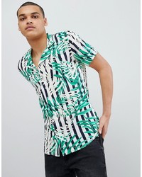 Solid Revere Collar Shirt In Leaf Print