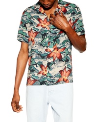 Topman Surfer Orchid Print Short Sleeve Button Up Camp Shirt