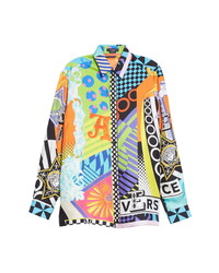 Versace Pop Temple Print Silk Long Sleeve Button Up Shirt