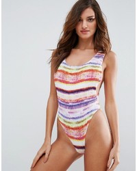 Asos Rainbow Print Shirred High Leg Swimsuit