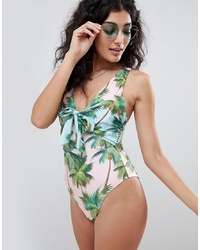 ASOS DESIGN Tie Front Plunge Swimsuit In Palm Print