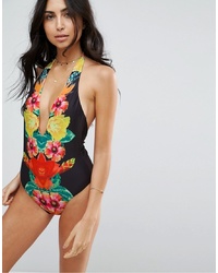 ASOS DESIGN Tropical Reflection Print Plunge Swimsuit