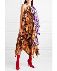Richard Quinn Asymmetric Embellished Floral Print Satin Midi Dress