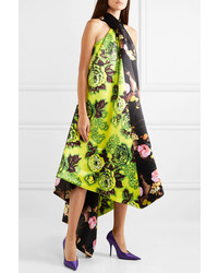 Richard Quinn Asymmetric Floral Print Satin Halterneck Midi Dress