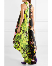 Richard Quinn Asymmetric Floral Print Satin Halterneck Midi Dress