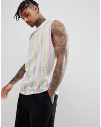 ASOS DESIGN Sleeveless T Shirt With Dropped Armhole And Pastel Vertical Stripes In Linen Look Fabric