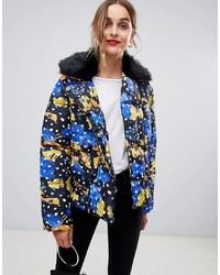 LOST INK Padded Jacket With Faux Fur Collar In Spot Print