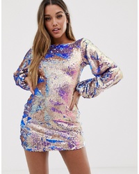 Club L London Geo Sequin Long Sleeve Shift Dress In Iridescent Gold