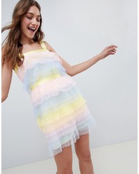 ASOS DESIGN Tiered Mini Dress In Pastel Colourblock Tulle