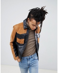 ASOS DESIGN Leather And Suede Mix Western Jacket In Tan