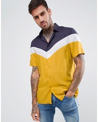 ASOS DESIGN Regular Fit Cut And Sew Shirt In Mustard With Blue And White Panel