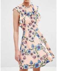 Asos Ruffle Neck Skater Dress In Pretty Floral Print