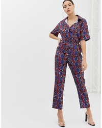 Missguided Shirt Ruched Waist Jumpsuit In Red And Blue Snake Print