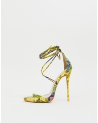 SIMMI Shoes Simmi London Shania Yellow Snake Ankle Tie Heeled Sandals