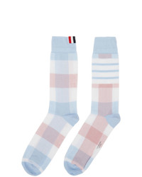 Thom Browne Blue And Pink 4 Bar Check Mid Calf Socks