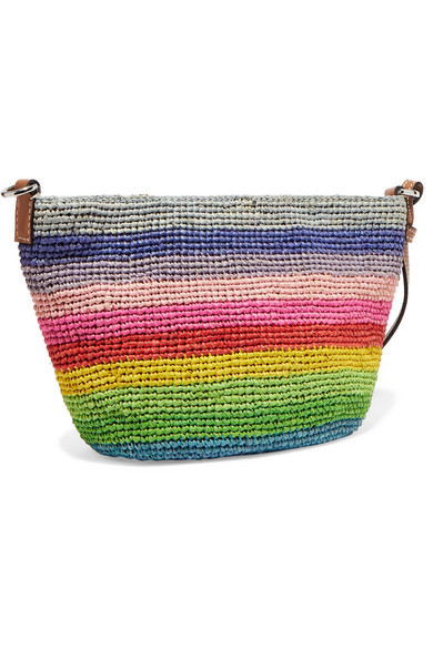 + Paula's Ibiza Pochette leather-trimmed striped raffia shoulder bag