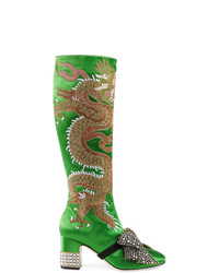 Gucci Green Dragon 75 Satin Knee Boots