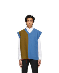 Maison Margiela Blue And Tan Stole V Neck Sweater