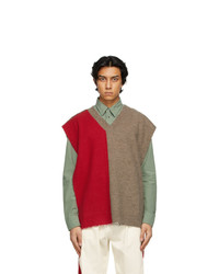 Maison Margiela Red And Taupe Stole V Neck Sweater