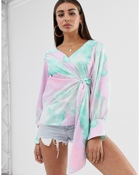 ASOS DESIGN Long Sleeve V Neck Top With Drape Front And Cuffs In Tie Dye Print
