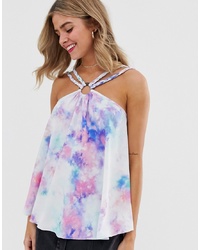 ASOS DESIGN Halterneck Cami With Ring Detail And Braiding In Tie Dye Print