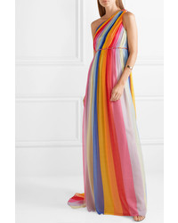 Carolina Herrera One Shoulder Striped Pleated Silk Tulle Gown