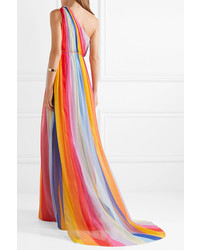 Carolina Herrera One Shoulder Striped Pleated Silk Tulle Gown