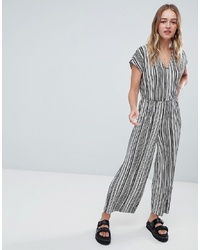 Monki Stripe Plisse Jumpsuit In Black And White