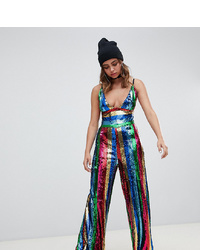 One Above Another Wide Leg Plunge Jumpsuit In Stripe Sequin