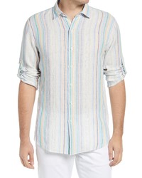 Bugatchi Shaped Fit Stripe Linen Button Up Shirt