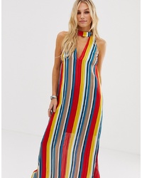 En Creme High Neck Maxi Dress In Stripe With Cut Out Plunge Front