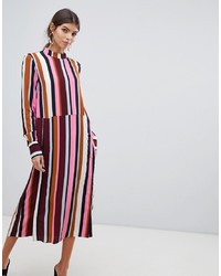 Y.a.s Striped High Neck Midi Dress With Popper Detail Color Aop