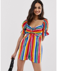 ASOS DESIGN Playsuit With Puff Sleeve And In Stripe