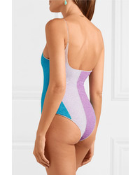 Oseree Lumire One Shoulder Striped Stretch Lurex Swimsuit
