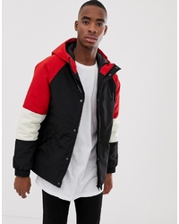 Bershka Hooded Jacket In Black With Red Colour Blocking