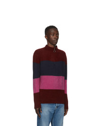 The Elder Statesman Burgundy And Multicolor Three Block Half Zip Sweater