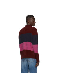 The Elder Statesman Burgundy And Multicolor Three Block Half Zip Sweater