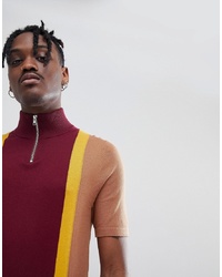 ASOS DESIGN Knitted Colour Block Turtle Neck T Shirt With Zip In Burgundy And Tan