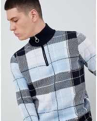 ASOS DESIGN Knitted Turtle Neck Check Jumper With Zip In Blue