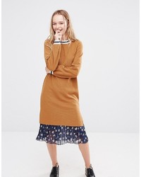 I Love Friday Sweater Dress With Pleated Floral Skirt And Contrast Tipping