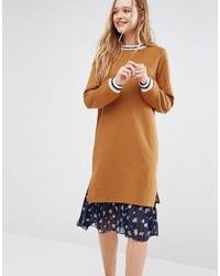 I Love Friday Sweater Dress With Pleated Floral Skirt And Contrast Tipping