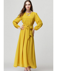 Maxi Chiffon Yellow Dress With Belt