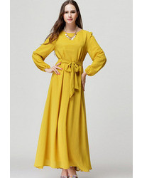 Maxi Chiffon Yellow Dress With Belt