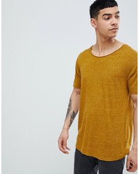 ASOS DESIGN Relaxed Longline T Shirt With Raw Scoop Neck And Curve Hem In Linen Mix In Green