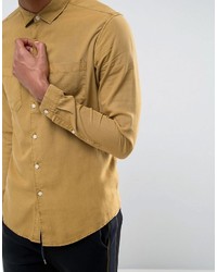 Asos Regular Fit Shirt In Mustard Bleach Washed Tencel