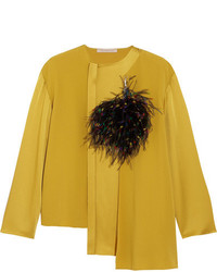 Christopher Kane Feather Embellished Crepe And Satin Top Mustard
